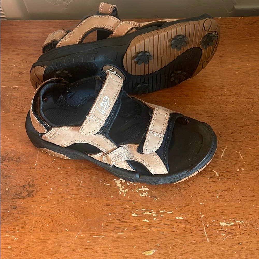 Bite Tan and Black Cross-Strap Sandals with Textured Sole